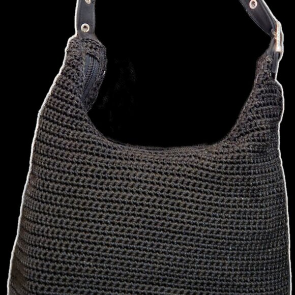 Vintage Black Crochet Woven Hobo Shoulder Bag - 90s Boho Style - Picture 6 of 7